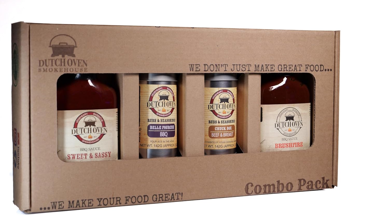 Dutch Oven BBQ Lovers Combo Pack II - Sweet & Sassy, Brushfire, Belle Fourche, Chuckbox Sweet, Spicy & Savory BBQ Flavors - Small-Batch Western Smokehouse - 2x2 Sauce & Rub Set