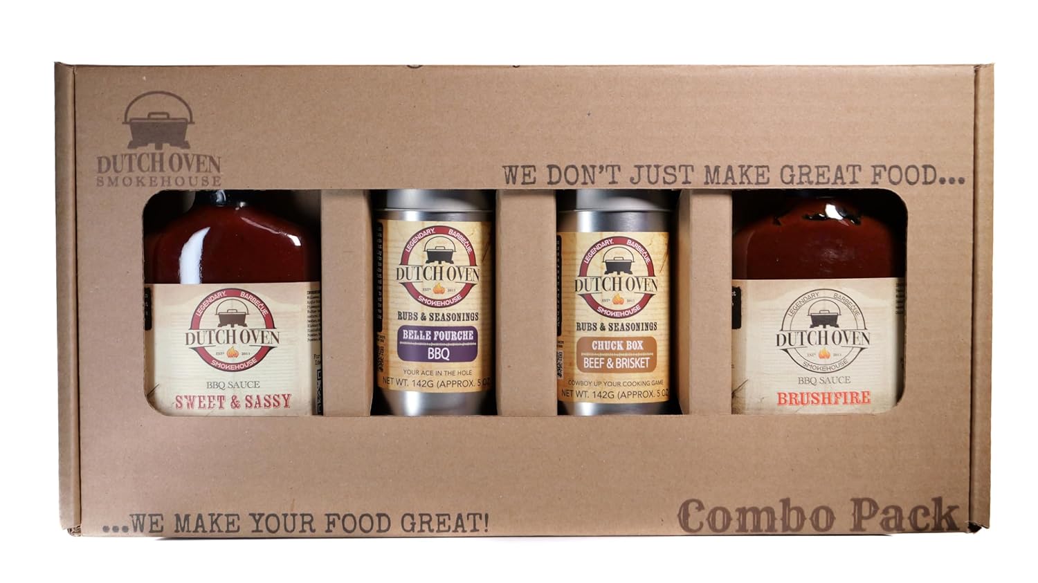 Dutch Oven BBQ Lovers Combo Pack II - Sweet & Sassy, Brushfire, Belle Fourche, Chuckbox Sweet, Spicy & Savory BBQ Flavors - Small-Batch Western Smokehouse - 2x2 Sauce & Rub Set