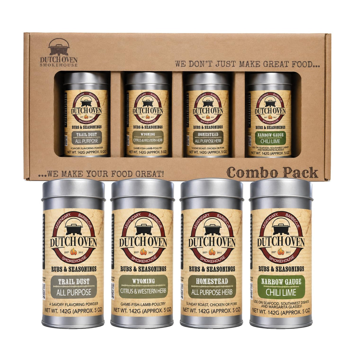 Dutch Oven Seafood Special Variety Spice Pack - 4-Pack Seafood Seasoning Collection - Homestead, Narrow Gauge, Wyoming, Trail Dust - BBQ Rub for Fish, Shrimp, Crab, Grilling, Smoking & Cooking