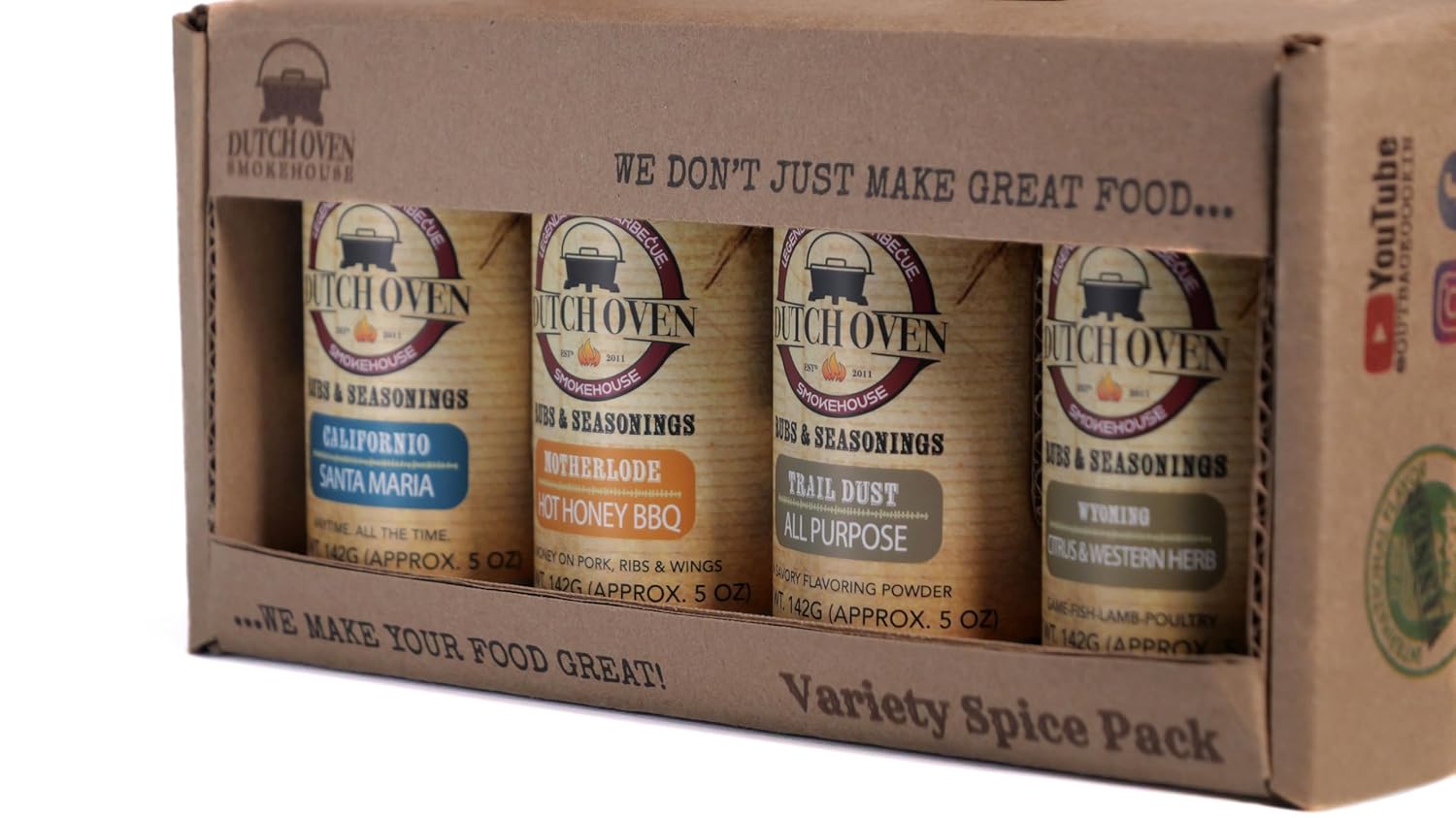 Dutch Oven Smokehouse Variety Spice Gift Set 1 - Motherlode, Trail Dust, Californio, Wyoming - Handcrafted Seasoning for Brisket, Pork, Ribs & Chicken - All-Natural BBQ Rubs - Authentic Western Smokehouse Flavors - 4x10.5oz