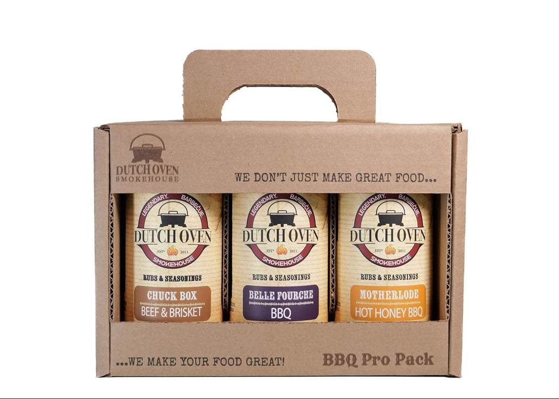 Dutch Oven BBQ Pro Pack II - Chuck Box, Belle Fourche, Motherlode - Handcrafted Smokehouse Seasoning Set for Brisket, Pork & Chicken - All-Natural, Bold Western Flavors BBQ Rubs - 3x10.5oz