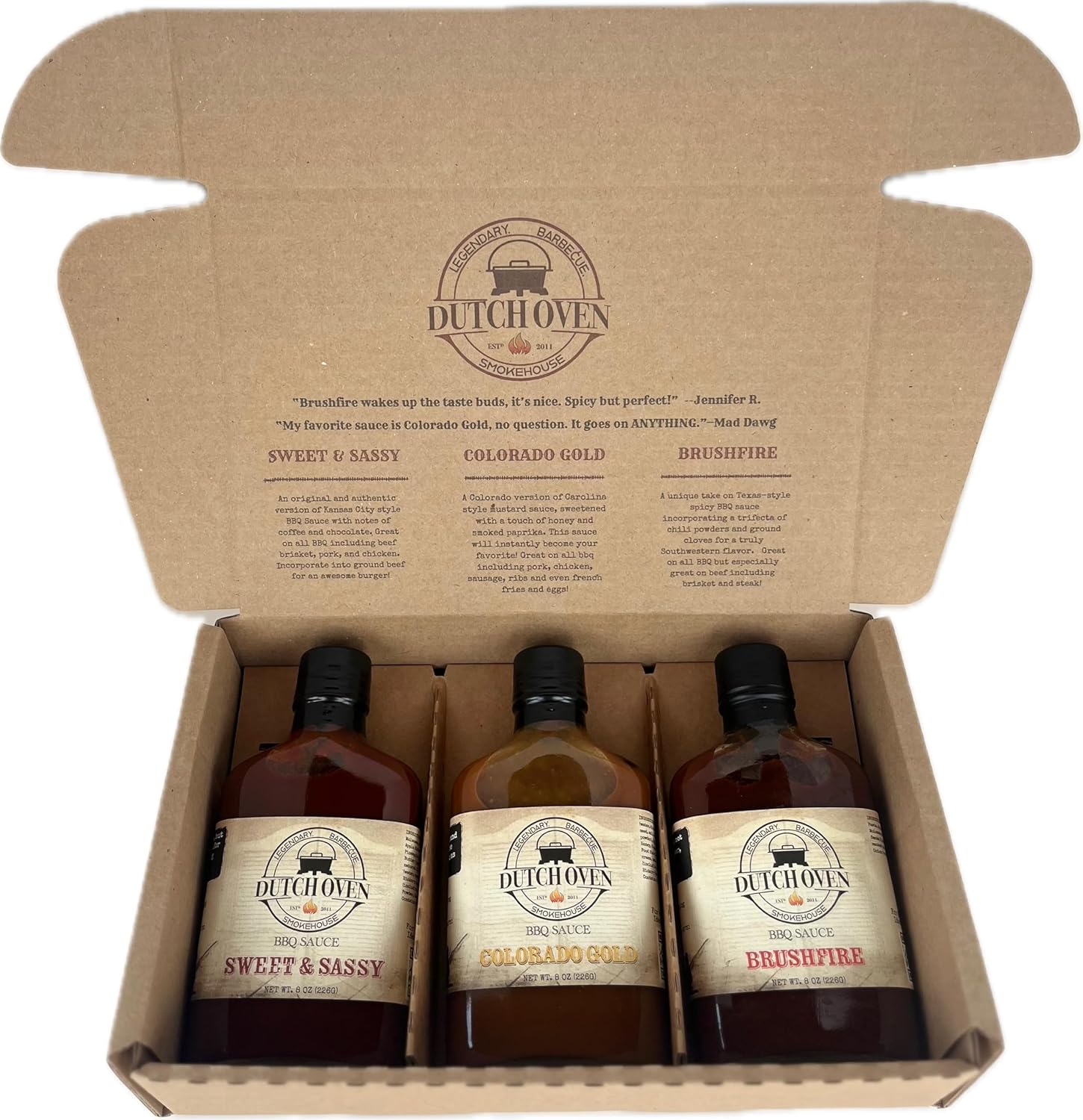 Dutch Oven Smokehouse BBQ Sauce Gift Set – Original 3 Pack - Sweet & Sassy, Brushfire, Colorado Gold - All-Natural, Small-Batch BBQ Sauces - Authentic Western Flavors - Ideal Gift for Grill Enthusiasts