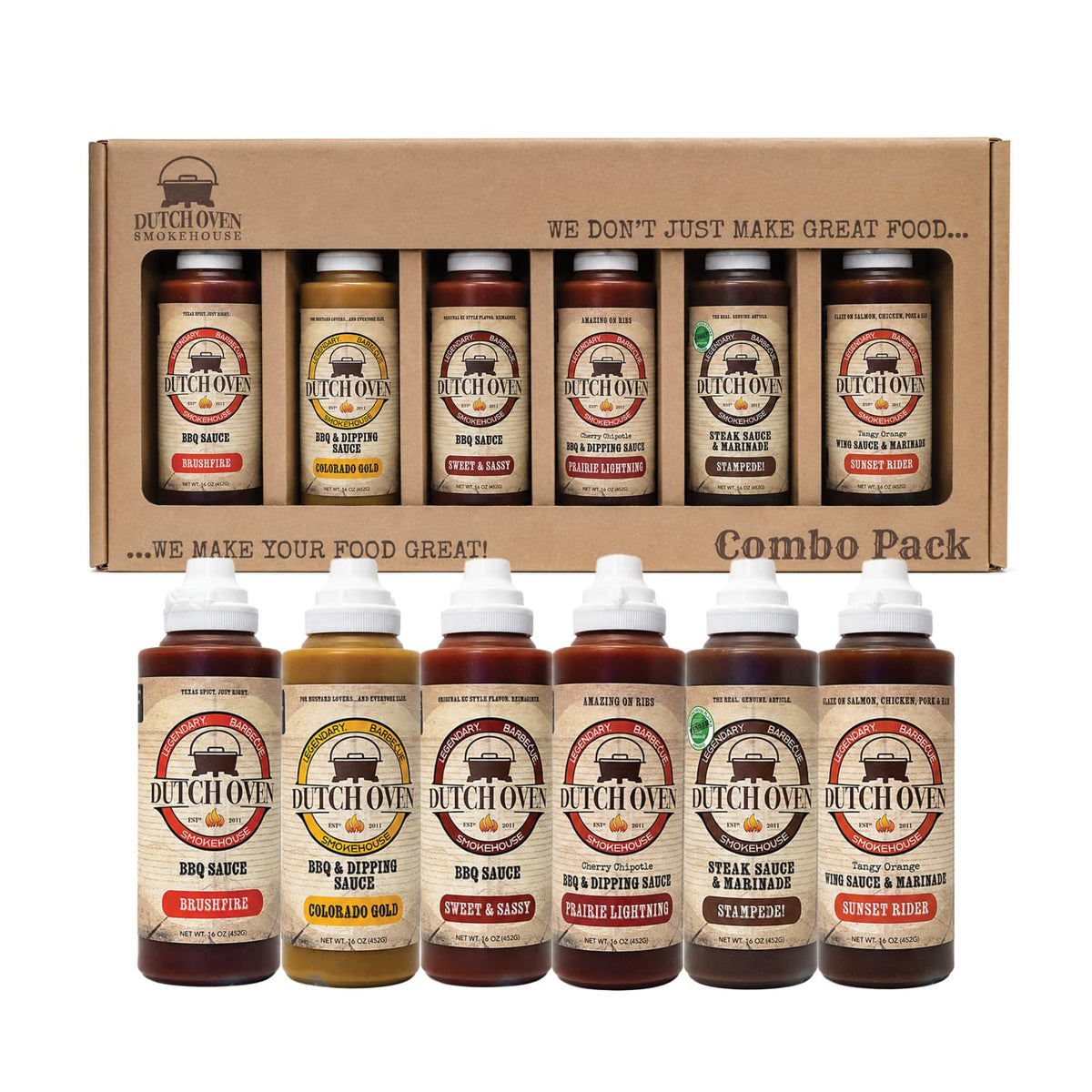 Dutch Oven BBQ Sauce Variety Pack, 6-Pack Squeeze Bottles, Assorted Barbecue Sauces for Grilling, Smoking, Marinating, Glazing & Dipping, BBQ Sauce Gift Set for Ribs, Chicken, Pork, Burgers & More