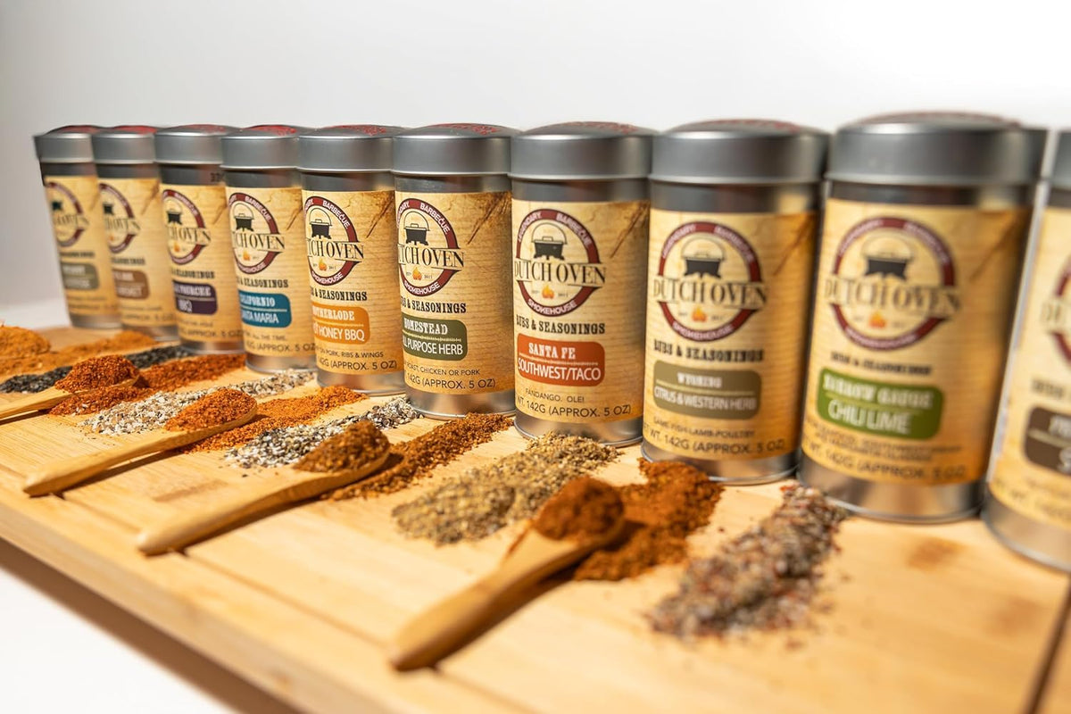 Dutch Oven Variety Spice Pack - 6-Pack BBQ Seasoning Tins - Belle Fourche, Californio, Homestead, Wyoming, Chuckbox, Fenceline, Premium BBQ Rub for Grilling, Smoking, Cooking & Barbecue, 5 oz