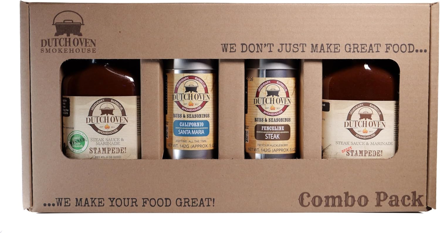 Dutch Oven Steak Lovers Combo Pack - Stampede, Spicy Stampede, Fenceline, Californio - Bold & Savory Steakhouse Flavors - Handcrafted Smokehouse Seasoning Essentials - 2x2 Flask/Tin Sauce & Rub Set