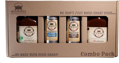 Dutch Oven Steak Lovers Combo Pack - Stampede, Spicy Stampede, Fenceline, Californio - Bold & Savory Steakhouse Flavors - Handcrafted Smokehouse Seasoning Essentials - 2x2 Flask/Tin Sauce & Rub Set