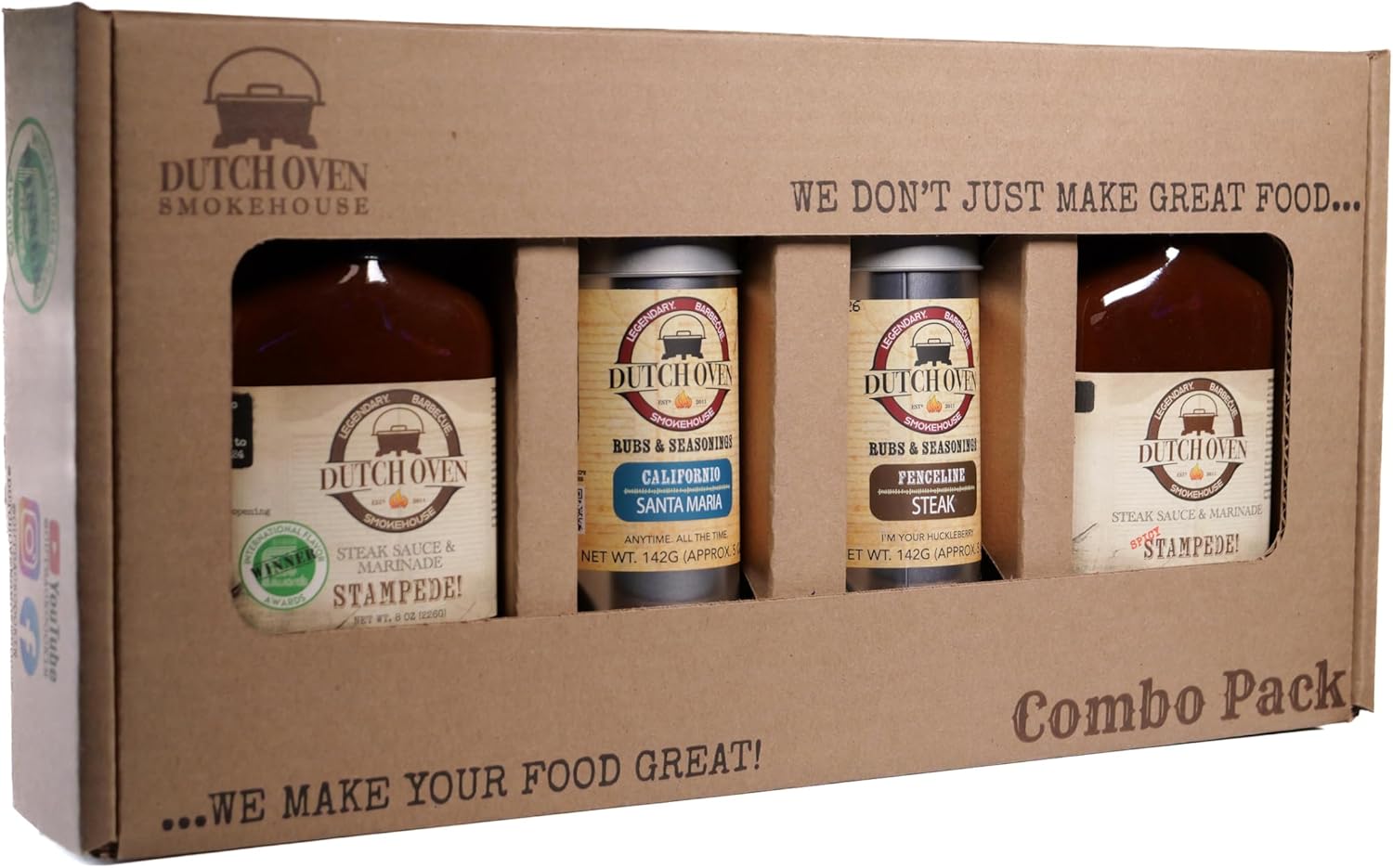 Dutch Oven Steak Lovers Combo Pack - Stampede, Spicy Stampede, Fenceline, Californio - Bold & Savory Steakhouse Flavors - Handcrafted Smokehouse Seasoning Essentials - 2x2 Flask/Tin Sauce & Rub Set