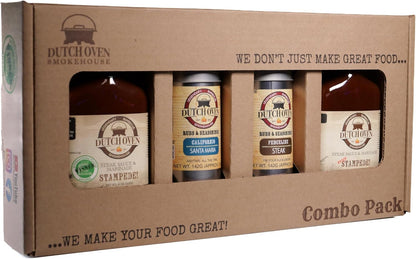 Dutch Oven Steak Lovers Combo Pack - Stampede, Spicy Stampede, Fenceline, Californio - Bold & Savory Steakhouse Flavors - Handcrafted Smokehouse Seasoning Essentials - 2x2 Flask/Tin Sauce & Rub Set