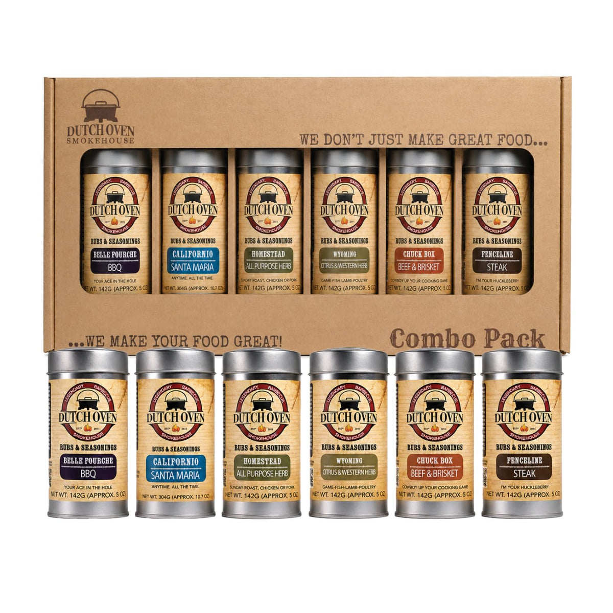 Dutch Oven Variety Spice Pack - 6-Pack BBQ Seasoning Tins - Belle Fourche, Californio, Homestead, Wyoming, Chuckbox, Fenceline, Premium BBQ Rub for Grilling, Smoking, Cooking & Barbecue, 5 oz