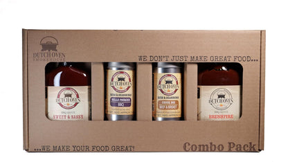 Dutch Oven BBQ Lovers Combo Pack - Sweet & Sassy, Colorado Gold, Belle Fourche, Motherlode - Premium Small-Batch BBQ Kit - Classic & Crowd-Pleasing Smokehouse Flavors - Rub & Sauce Sampler - 2x2 Flask/Tin