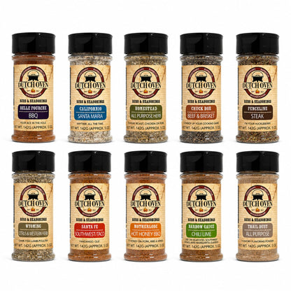 Dutch Oven Variety Spice Pack, 10-Pack BBQ Seasoning Collection, 5 oz Plastic Bottles, Premium BBQ Rubs and Spice Blends for Grilling, Smoking, Cooking, Beef, Pork, Chicken, Seafood & Vegetables